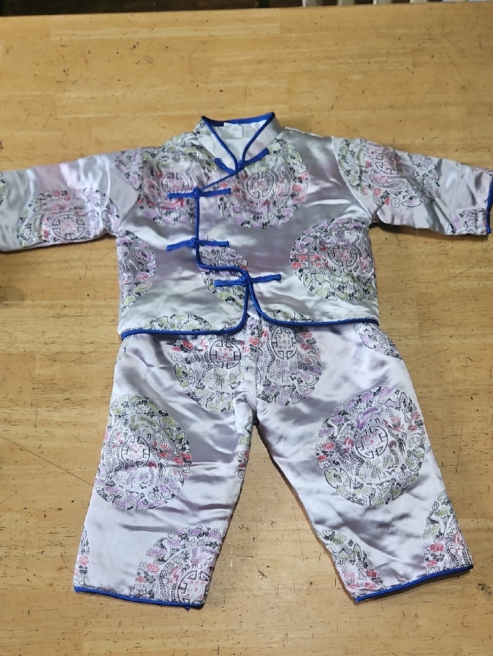 Kids Traditional Satin Dragon Costume Set in Light Silver with Blue Trim
